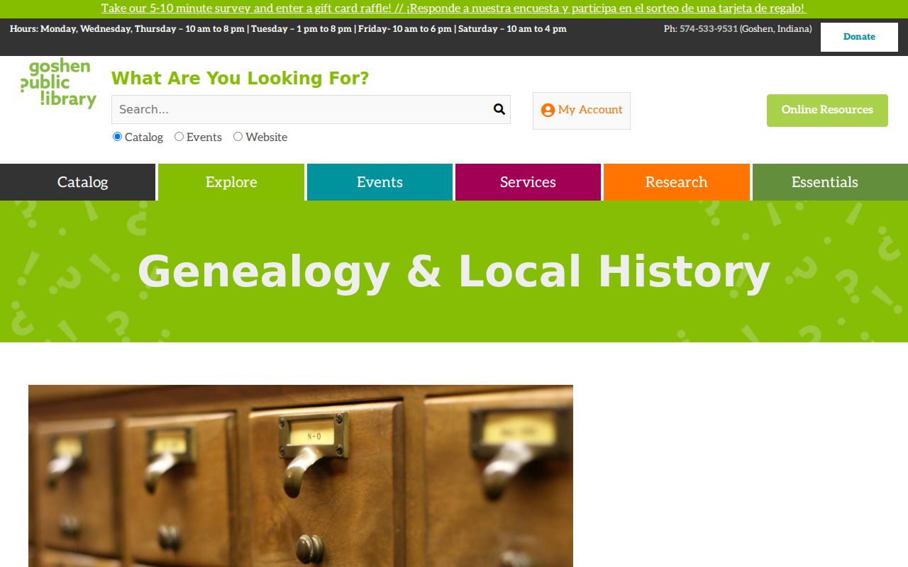 Goshen Public Library genealogy and local history collection page
