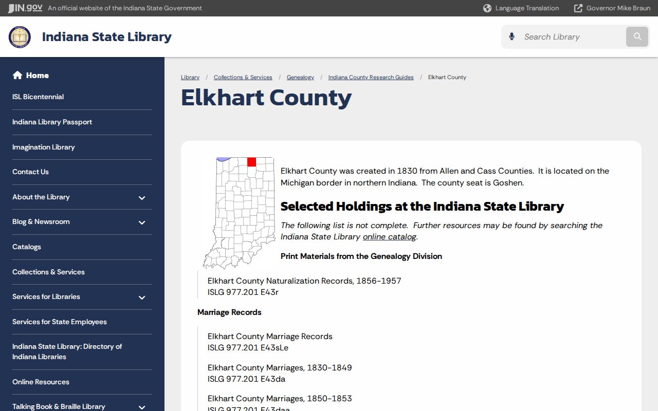 Indiana State Library Elkhart County genealogy research guide