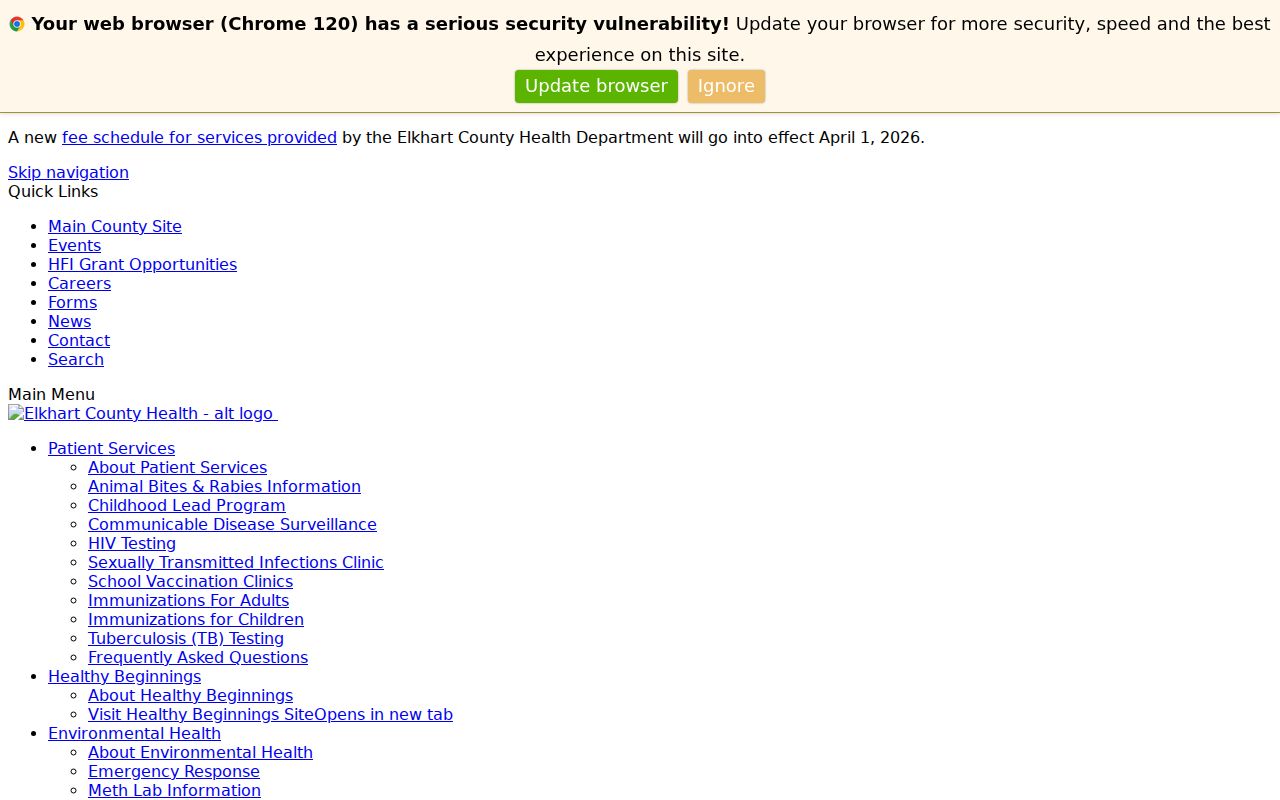 Elkhart County Health Department vital records page