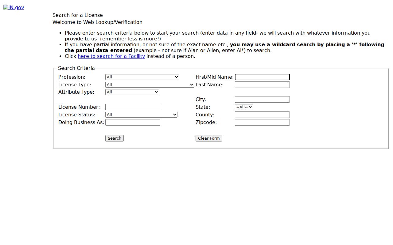 Indiana professional license search used to cross-check an Elkhart County name