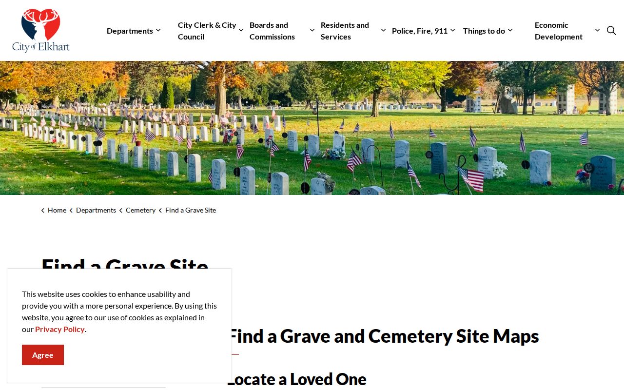 City of Elkhart cemetery grave search page