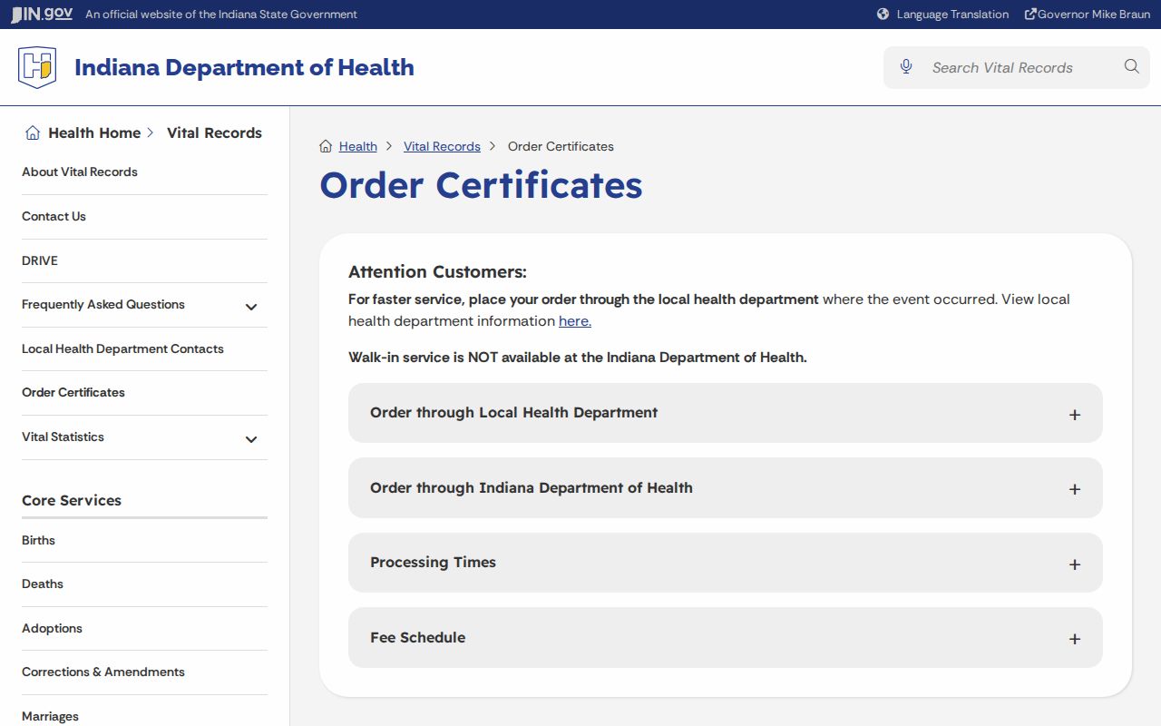 Indiana official vital records ordering options