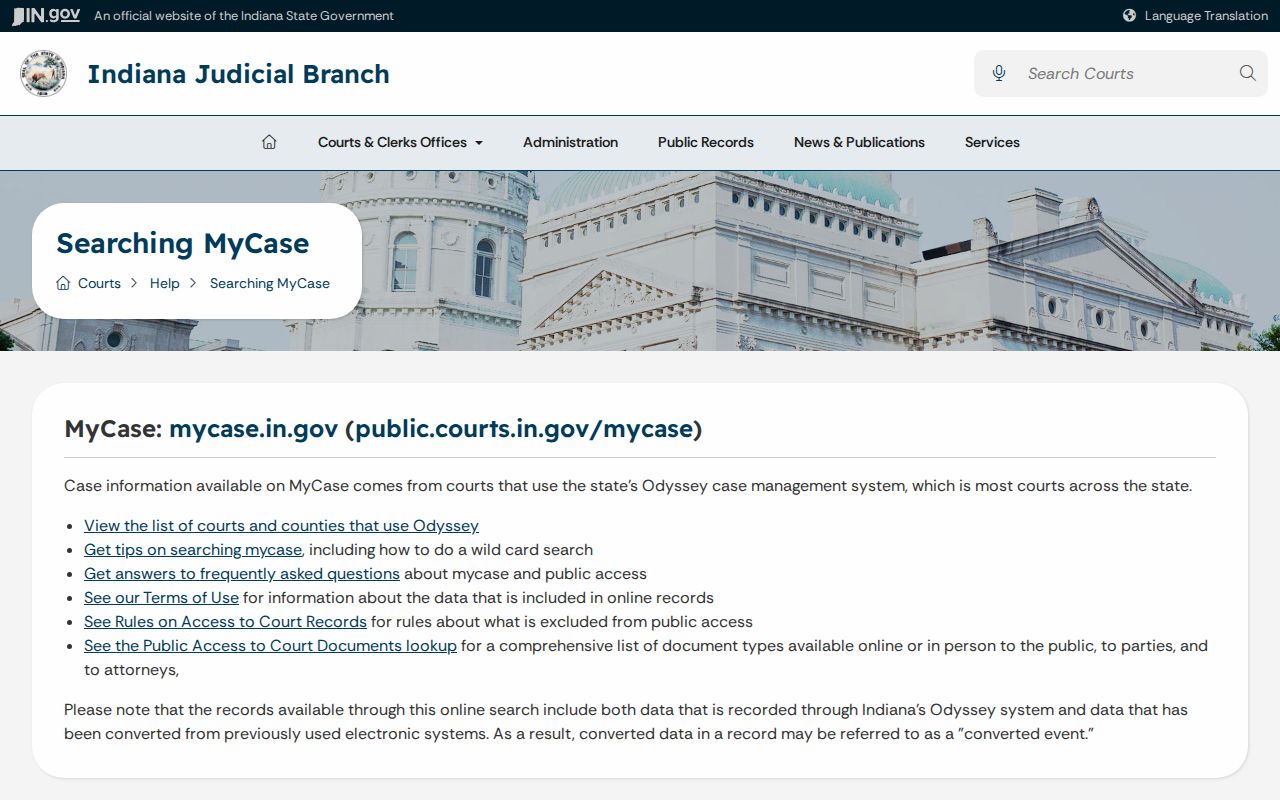 Elkhart County resident lookup using Indiana MyCase coverage guidance